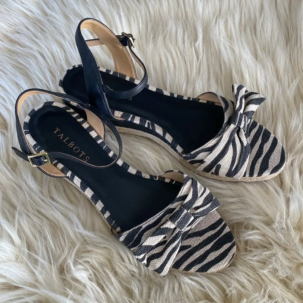 Talbots Linen Black White Zebra Pattern Espadrille Wedges Sandal sz 8 Vacation